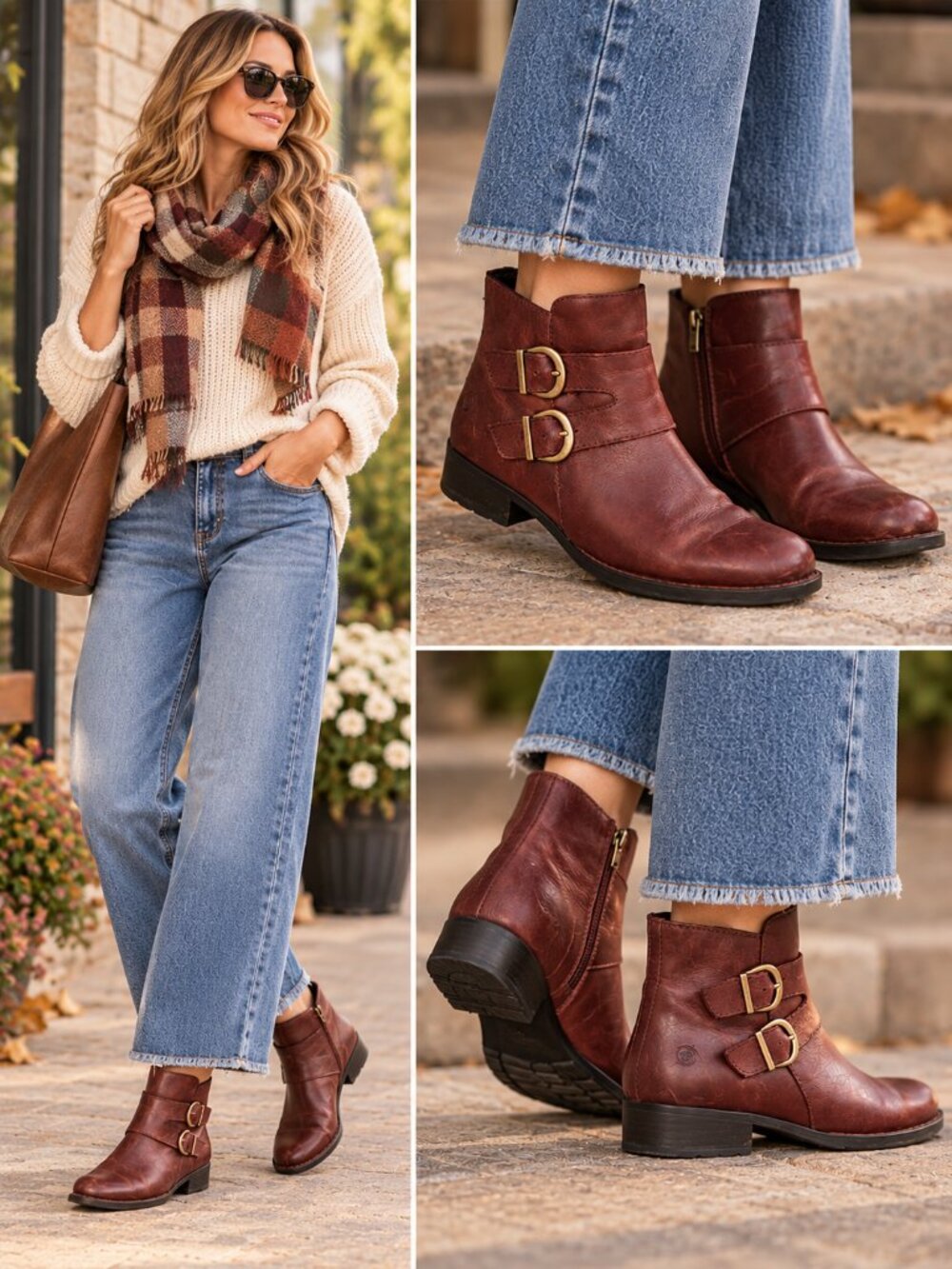 Born Brown Leather Double Buckle Ankle Booties Moto Boots Size 6